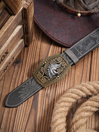 Carved Retro Western Denim Personality Belt Men